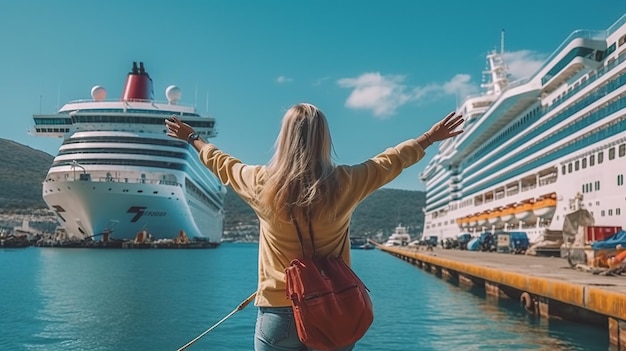 Foto vista posteriore di una ragazza viaggiatrice con le braccia alzate in piedi davanti a una grande nave da crociera