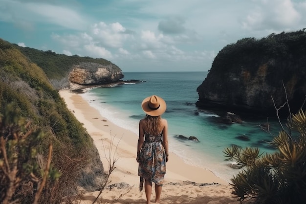 절벽 과 열대 해변 에 서 있는 여행 하는 여자 의 뒷면
