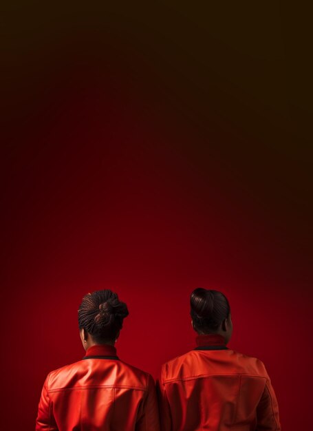 Back view of two black women with black curly hair wearing red jackets over a red background