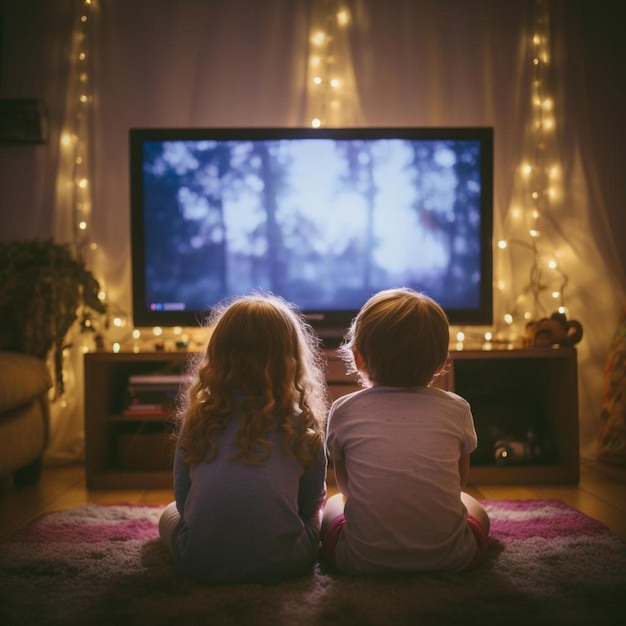 テレビの前に座ってビデオゲームをプレイしている2人の現代の兄弟姉妹のバックビュー