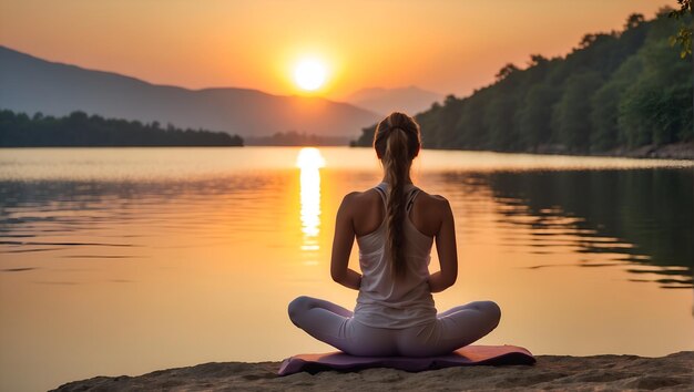 back view two woman doing yoga exercises by the lake at sunset