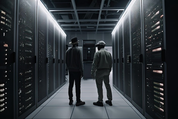 Back view of two young men standing in server room and looking at each other Two young multiethnic specialists full rear view AI Generated