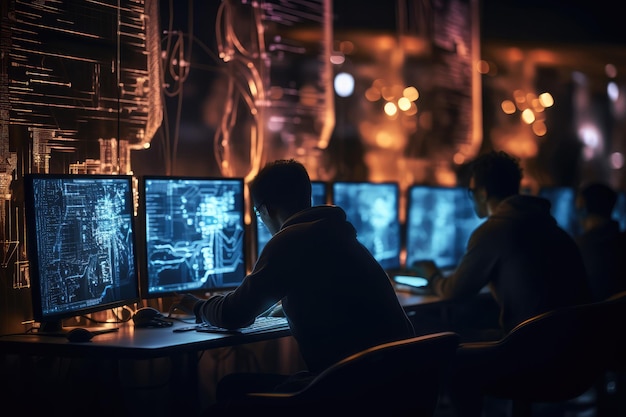 夜の暗い部屋でコンピューターに取り組む 2 人の若い男性の背面図 チームワークのコンセプト