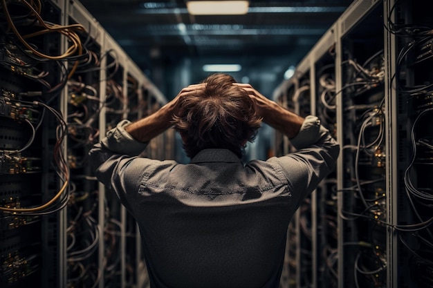 Back view of an unidentified male technician grabbing his head while experiencing an issue in the data center