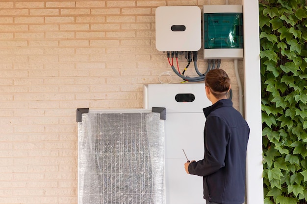 Back view of unrecognizable young man technician installing a solar system for renewable energy