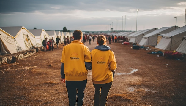 Photo back view of volunteers helping refugees