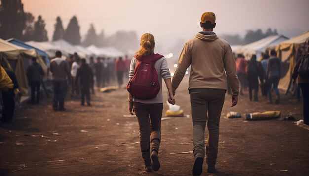 Photo back view of volunteers helping refugees