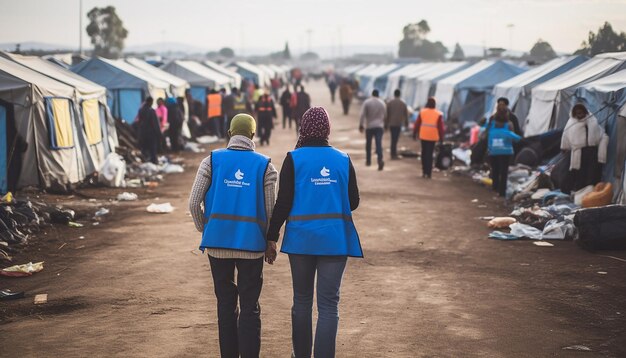 Photo back view of volunteers helping refugees