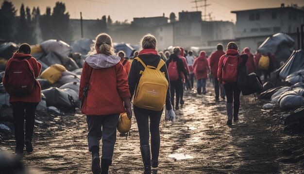 Photo back view of volunteers helping refugees