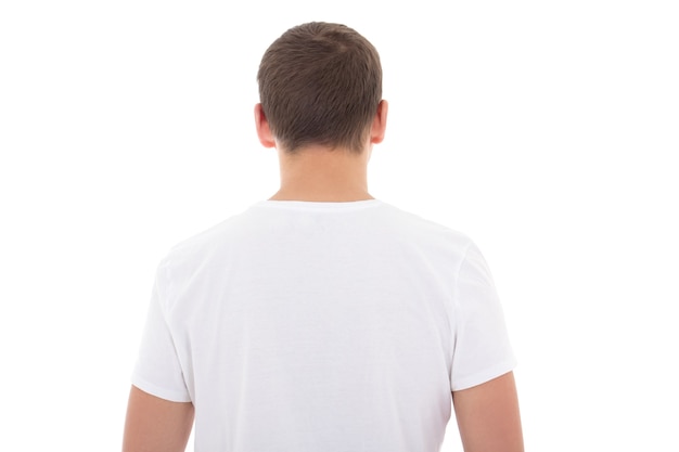 Back view of white t-shirt on a man isolated over white background