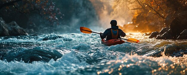 Back view of whitewater kayaking