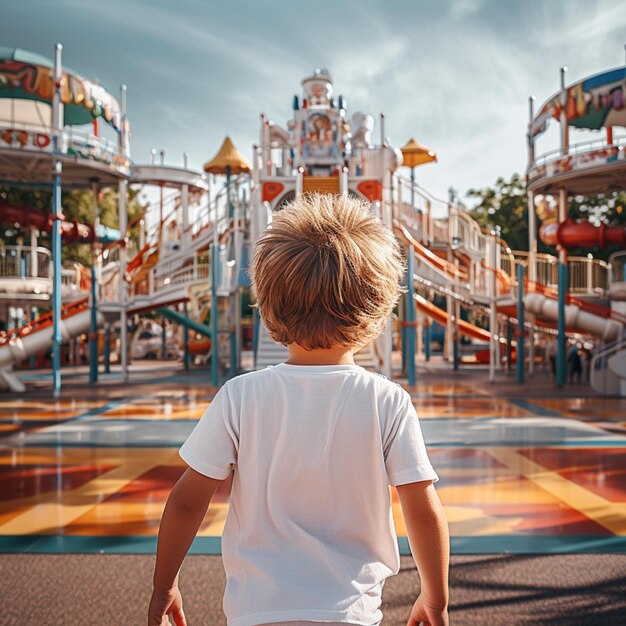 Back view of a wild little boy with wearing white t shirt running fast around in a playground