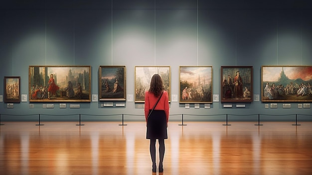 Вид сзади на женщину в художественной галерее, оценивающую произведения искусства Generative Ai