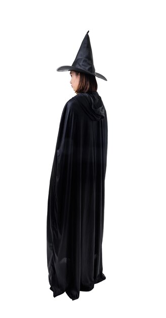 Back view, woman in black Scary witch halloween costume standing with hat isolated white b