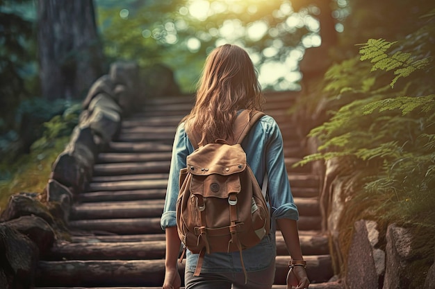 Back view of a woman climbing a stone staircase in the forest