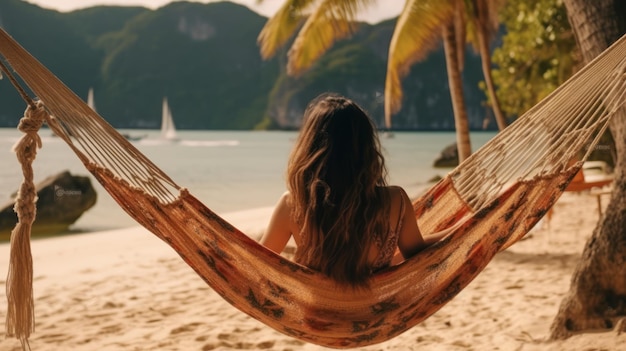 back view of woman fictional relaxing on hammock at the beach