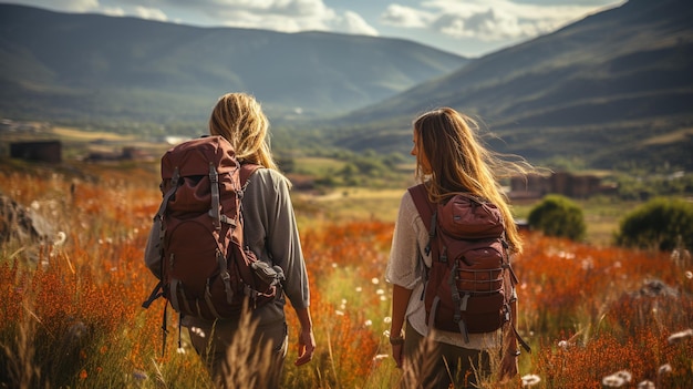 Back view woman and man with backpack hiking in summer nature Generative Ai