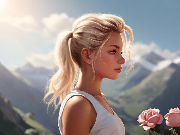 Женщина, позирующая с розой в горах