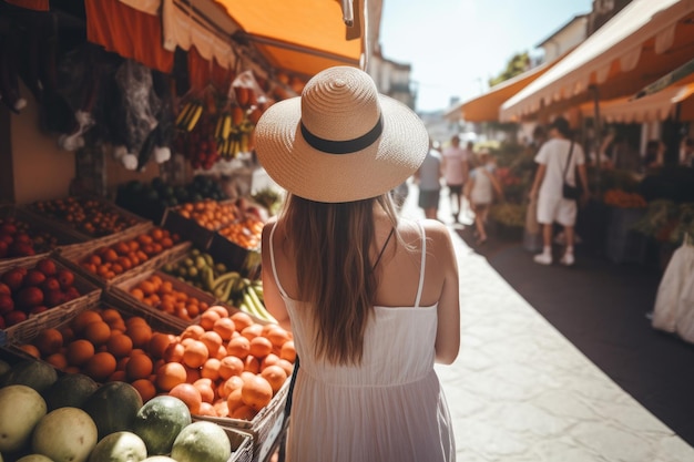 Back view woman shopping food Generate Ai