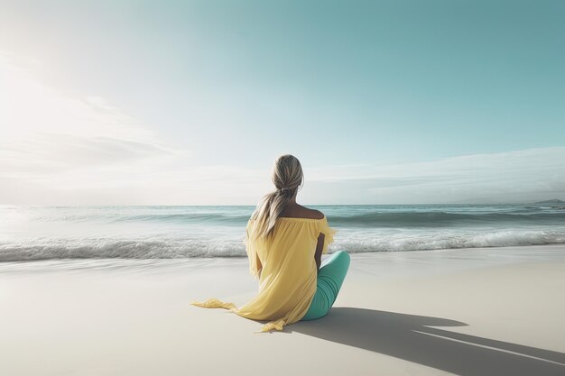 Back view of a woman sitting on a beach