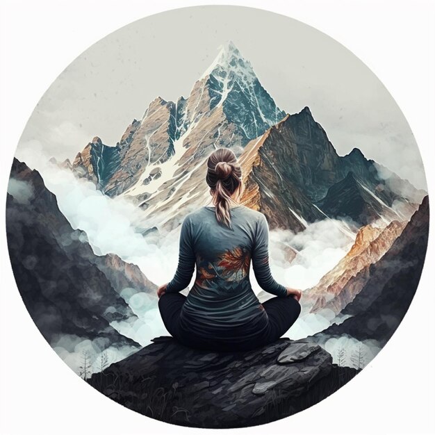 Back view of Woman sitting in yoga pose on a mountain, Generative ai