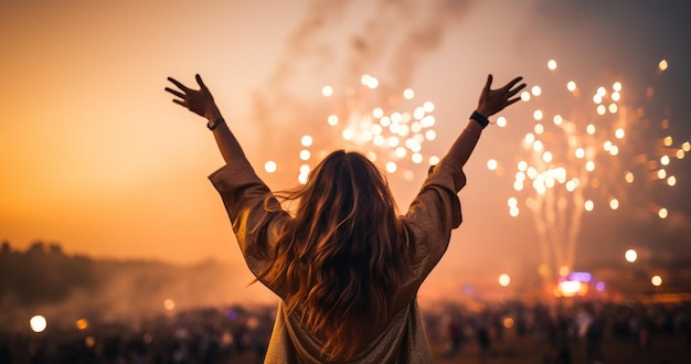 Back view of a woman spreading her hands in the sir with fireworks in sky