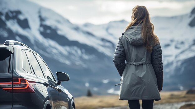 Foto vista posteriore di una donna in piedi vicino all'auto che si gode la natura ai generativa