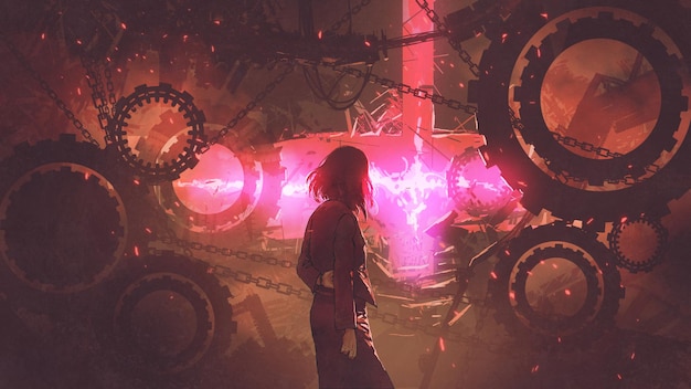 back view of woman standing in old factory looking at the red light through gears, digital art style, illustration painting