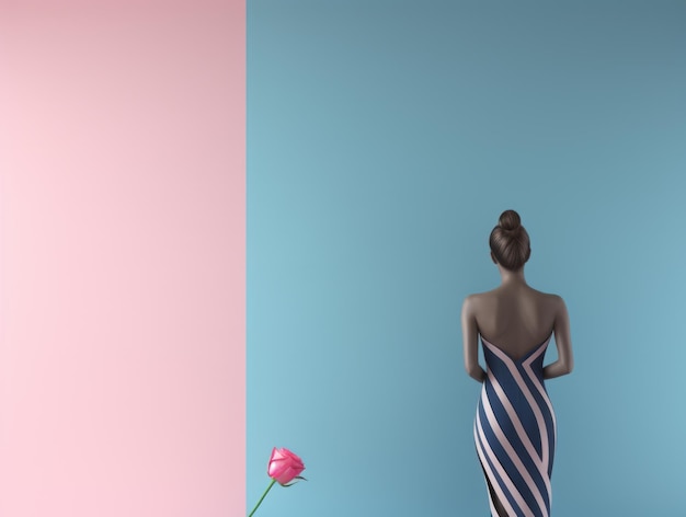 Photo a back view of a woman in a striped dress with a rose