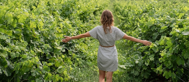 Vista posteriore di una donna in abito estivo che cammina attraverso il vigneto