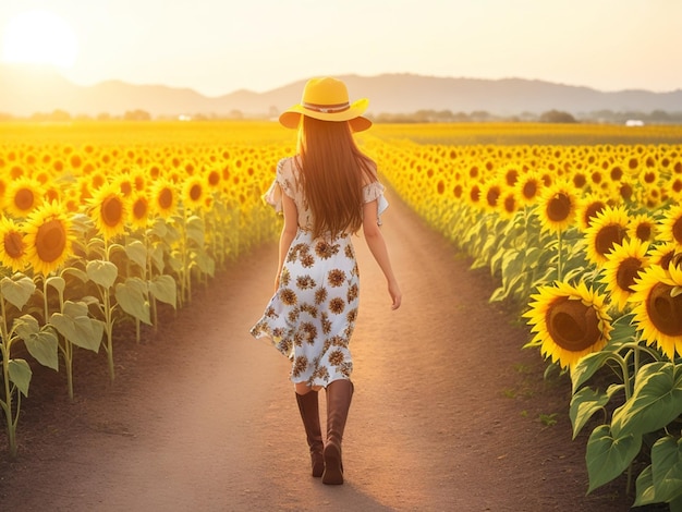 Back view of woman walking by blooming sunflower field at sunset