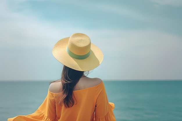 Back view of a woman wearing a hat sitting on a beach