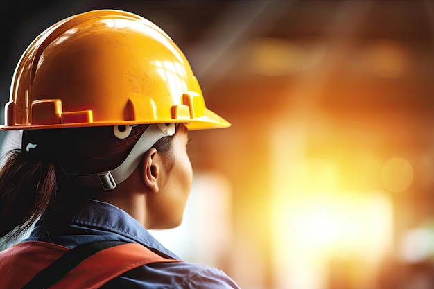 Photo back view of a woman wearing safety helmet