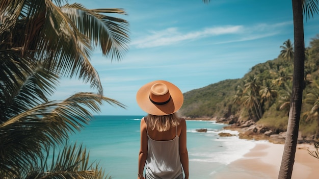 Photo back view of a woman wearing a summer dress and a hat contemplating a paradisiacal beach