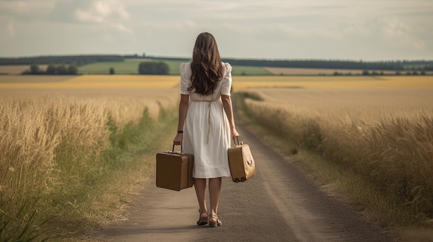 Back view of a woman wearing a white dress and jacket clutching a suitcase