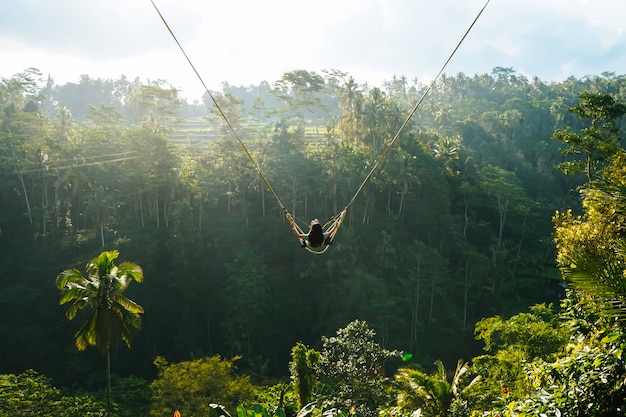 Back view of woman while swing with natural forest background in sunlight