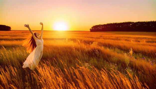 Back view of a woman with open arms standing in a field of poppies during a breathtaking sunset evoking freedom and peace