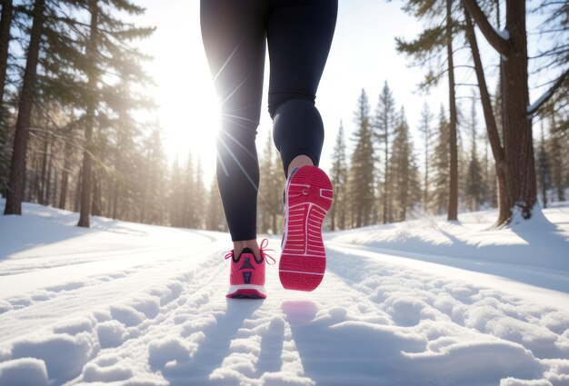 Back view of womans legs with sport shoes jogging in snow