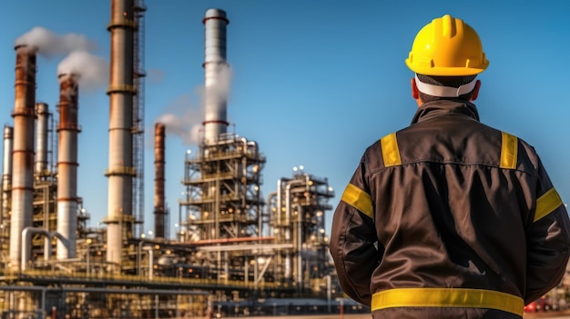 back view of worker at oil and gas industry