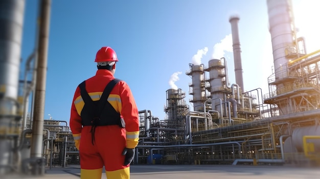 back view of worker at oil and gas industry