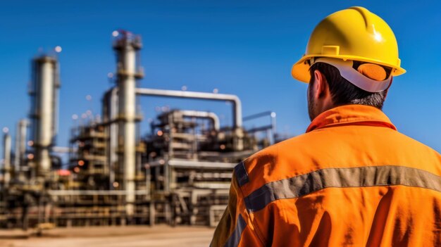 Foto vista posteriore del lavoratore nell'industria petrolifera e del gas