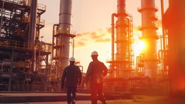 Back view of a worker in the oil refinery