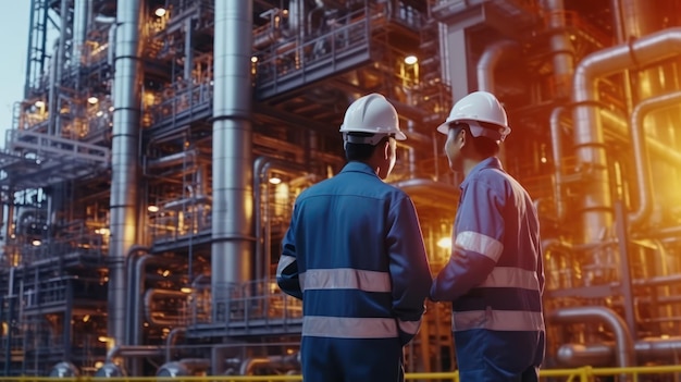 Back view of a worker in the oil refinery