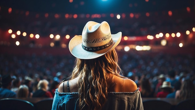 Photo back view of a young american woman fan of country music attending a country music concert wearing