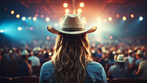 Photo back view of a young american woman fan of country music attending a country music concert wearing