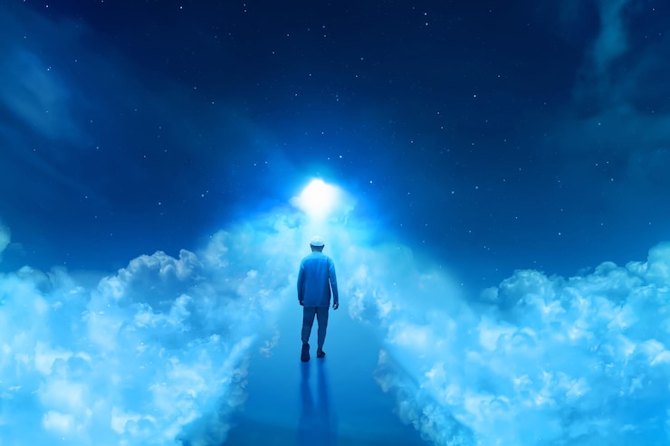 Photo back view of young arab man with beard on top walking forward into shiny light alone