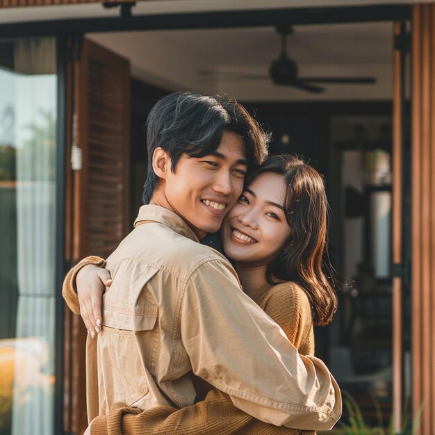 Photo back view of a young asian couple standing in front of their new home