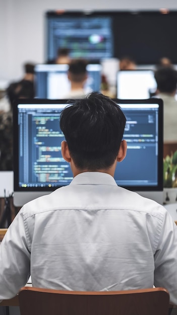 책상에 앉아 있는 젊은 아시아인 남자가 컴퓨터 프로그래밍을 사용하고 디버을 하고 이진 알고리즘을 개선하고 있습니다.