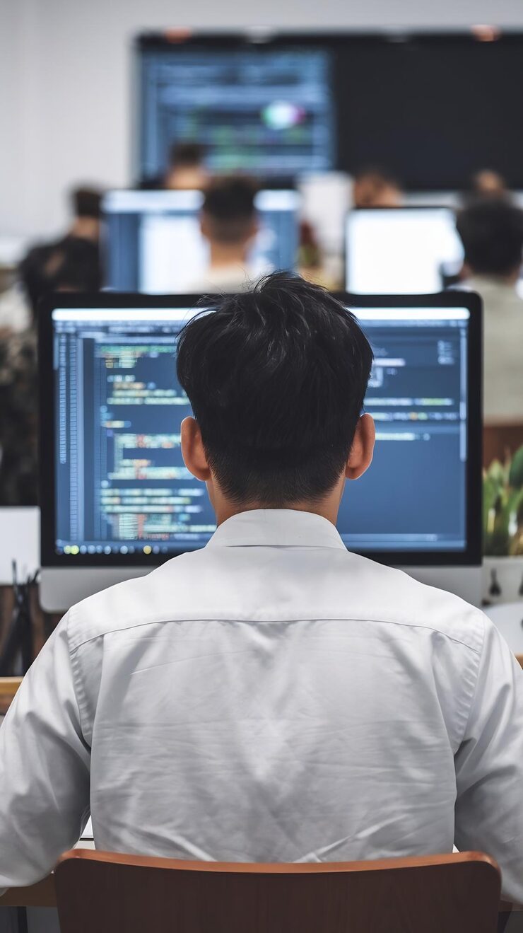 Photo 책상에 앉아 있는 젊은 아시아인 남자가 컴퓨터 프로그래밍을 사용하고 디버을 하고 이진 알고리즘을 개선하고 있습니다.