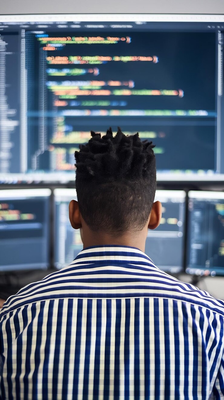 Photo back view of young black man looking towards a big digital screens glitching while displaying code